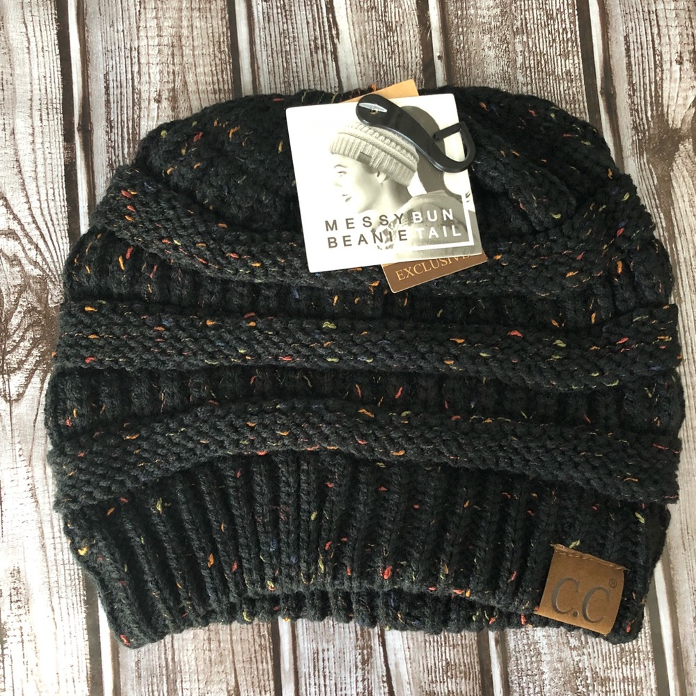 Black Messy-bun, confetti print C.C beanie New - Picture 2 of 5